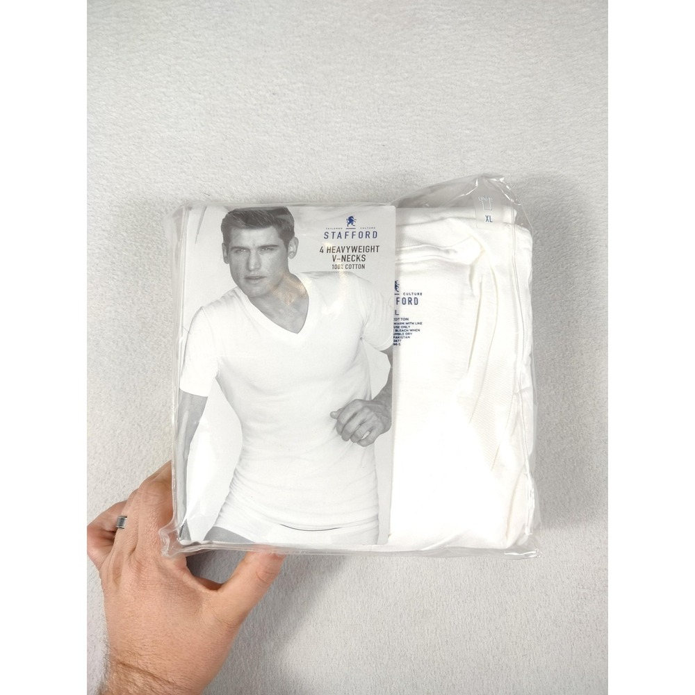 Stafford Heavyweight‎ V-Neck Undershirts Mens XL White 4 Pack Cotton